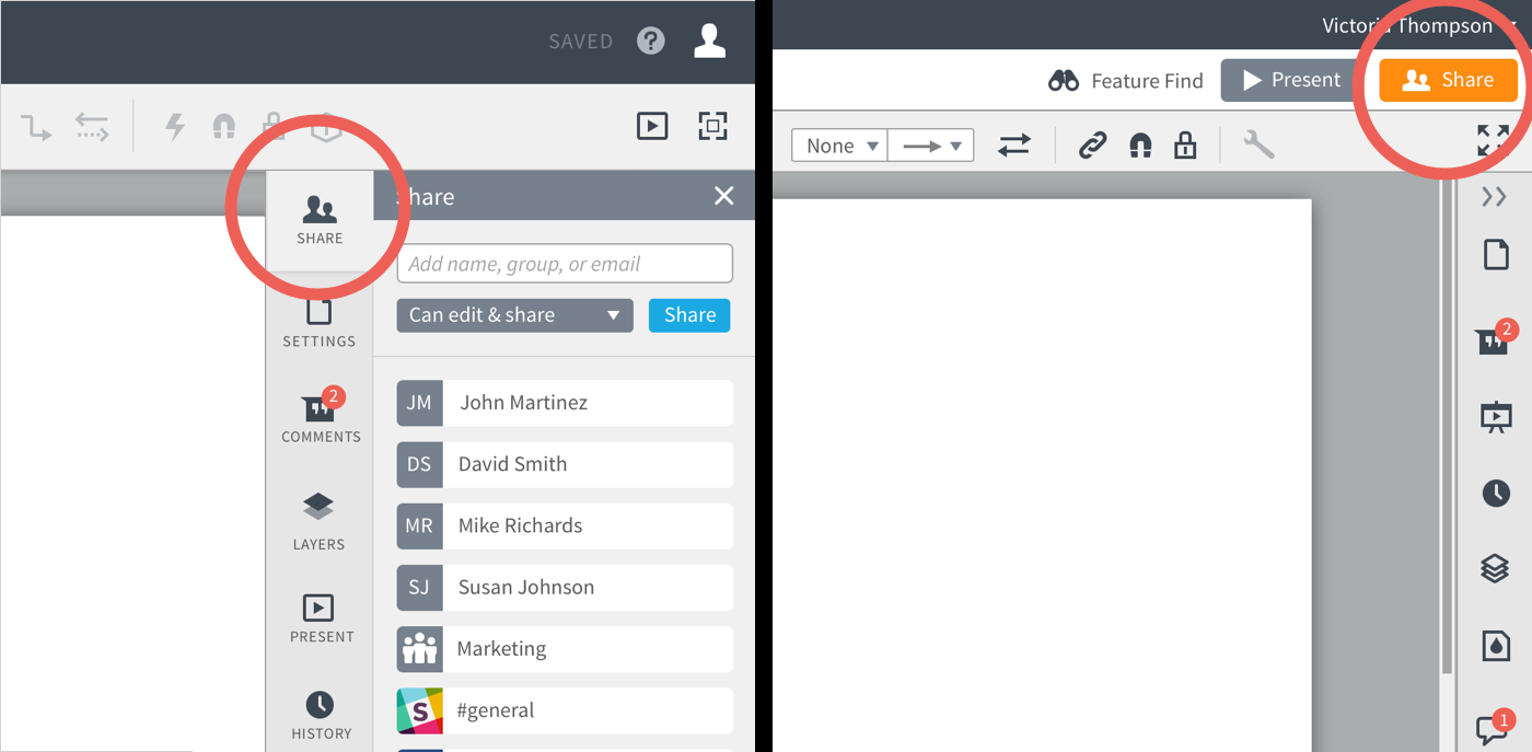 (Left) My attempt at an integrated share menu that worked wonderfully but simply wasn't visible enough. (Right) A much more successful Share button that follows more of a Google Docs pattern.