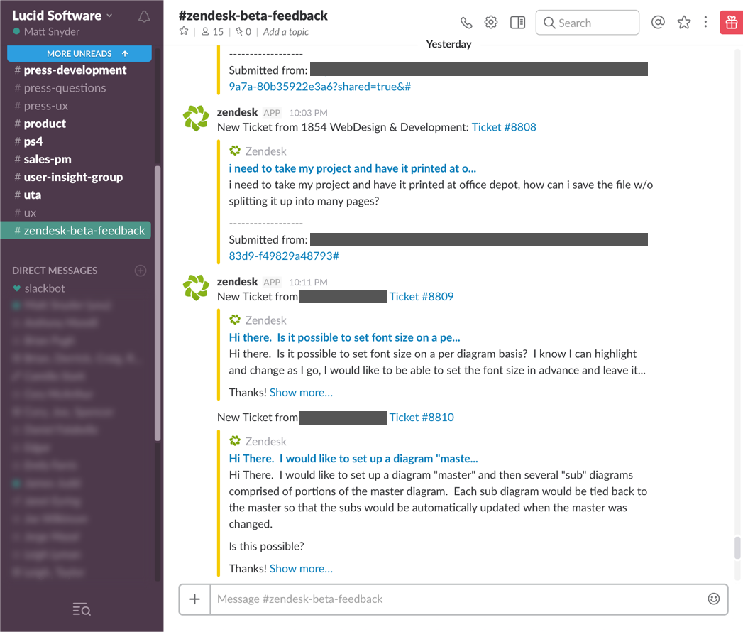 Some example beta feedback tickets from beta testers.