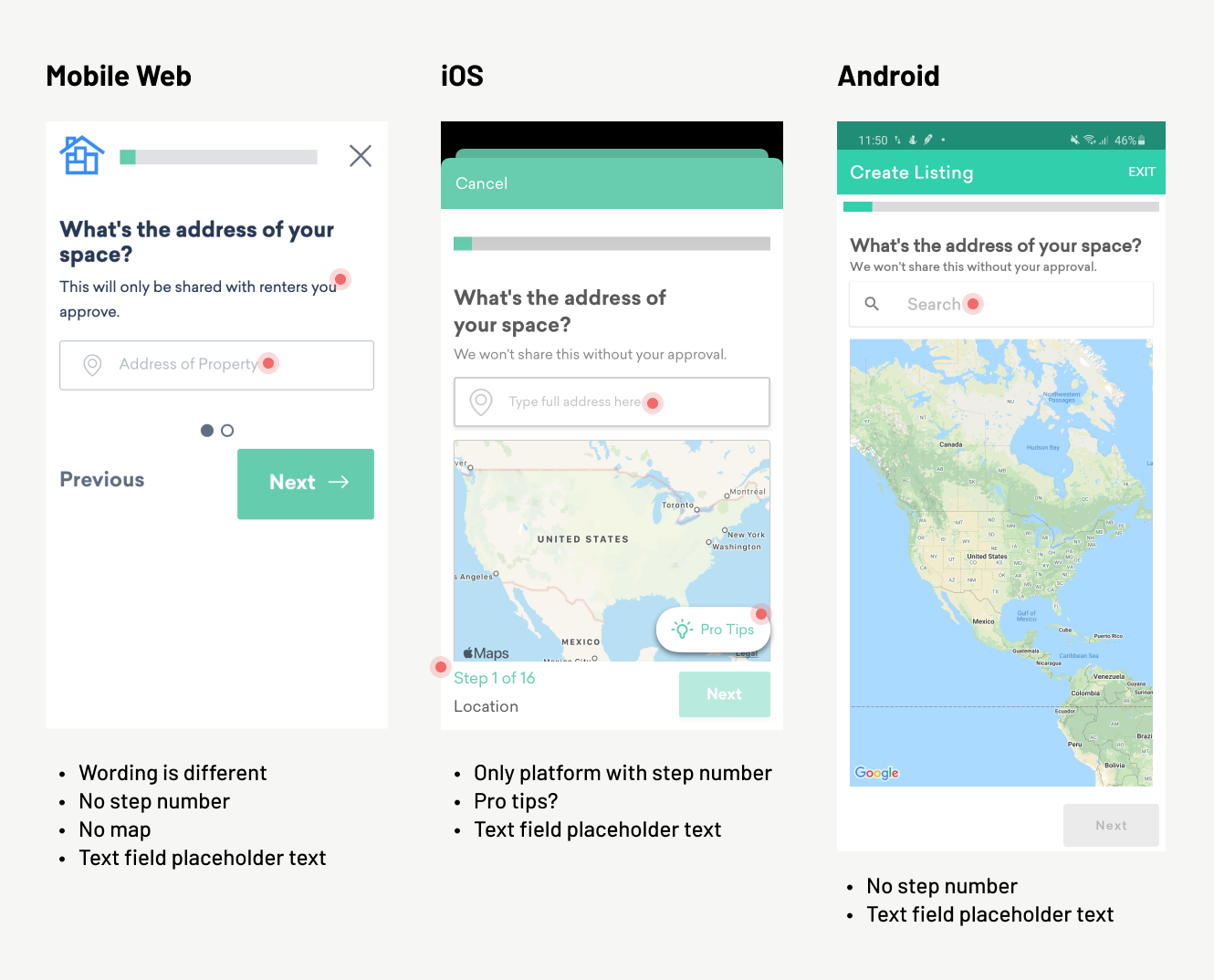 Showing listing creation flow design inconsistencies
